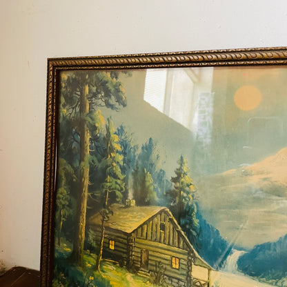 Wooden Framed Mountain Side Cabin on a Lake Print- Vintage
