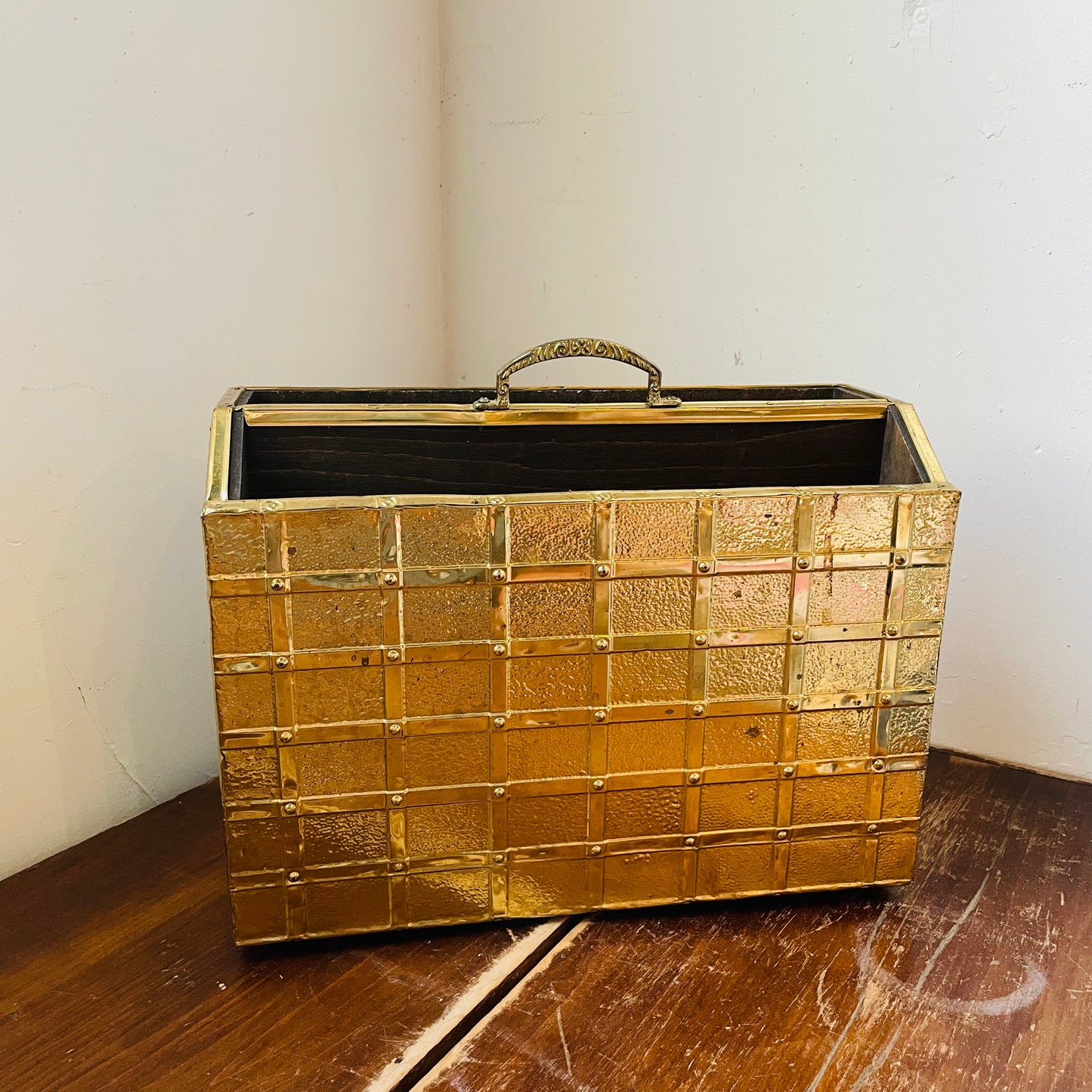 Brass Clad Wooden Magazine Rack- Vintage