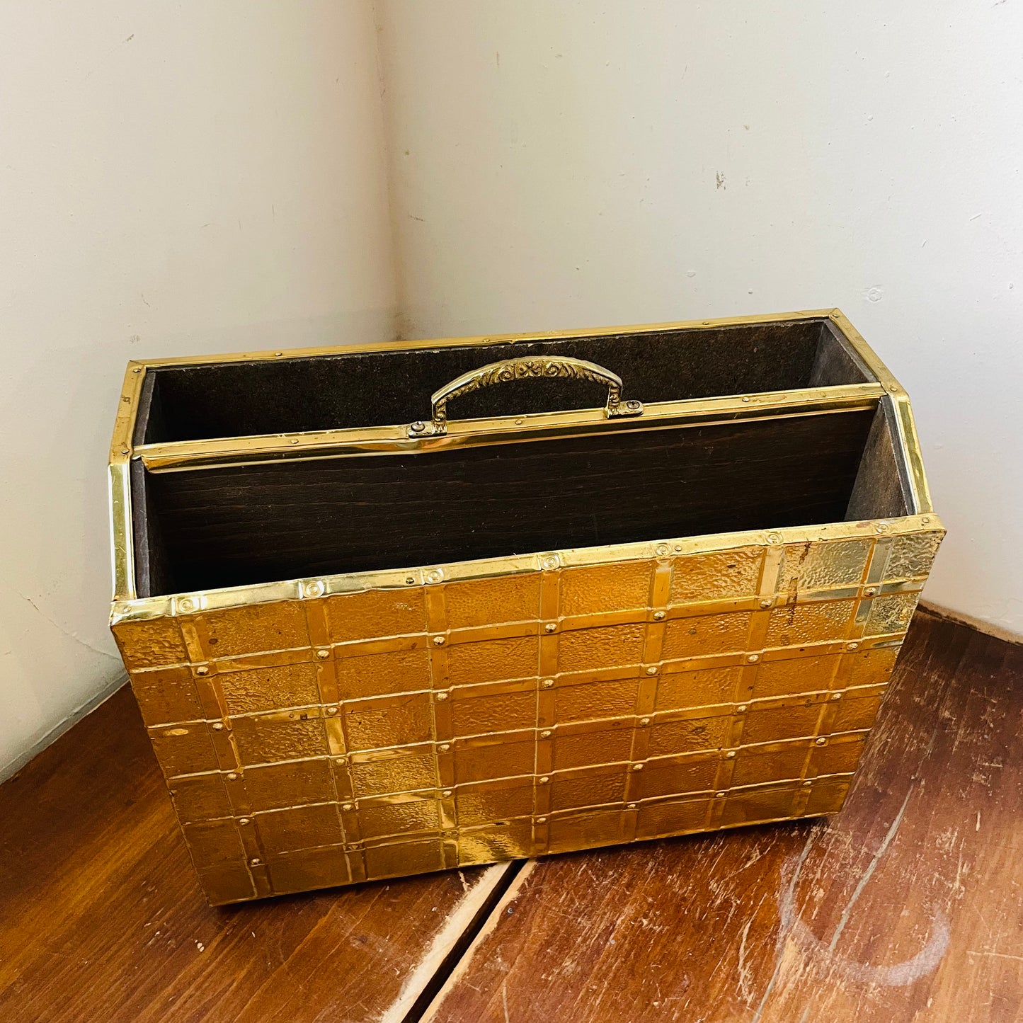 Brass Clad Wooden Magazine Rack- Vintage