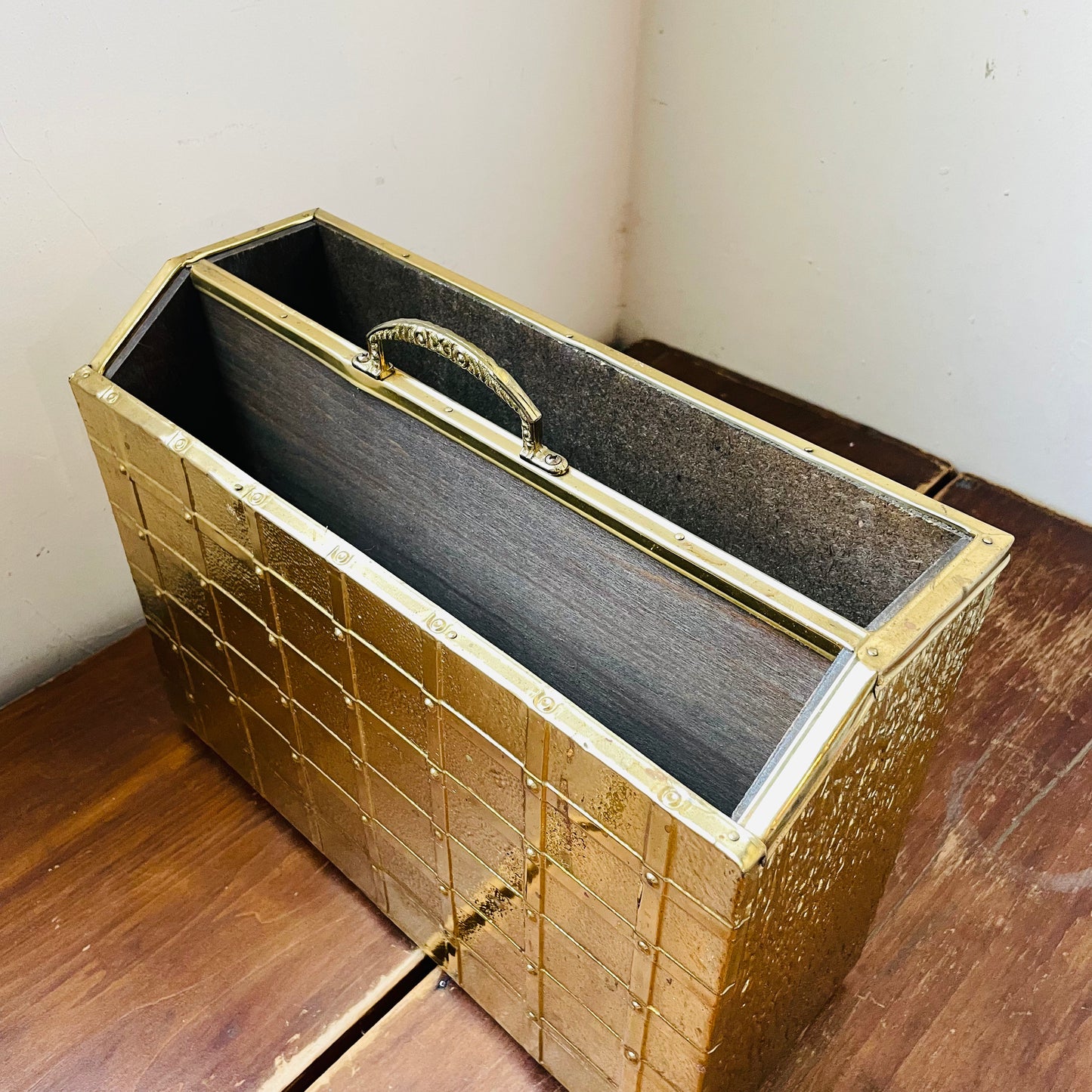 Brass Clad Wooden Magazine Rack- Vintage