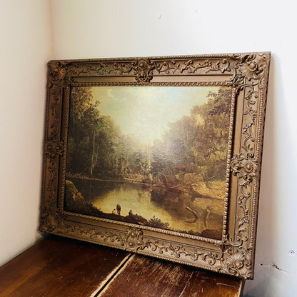 Antique Styled Framed Print of a Pond & Forrest Scene- Vintage