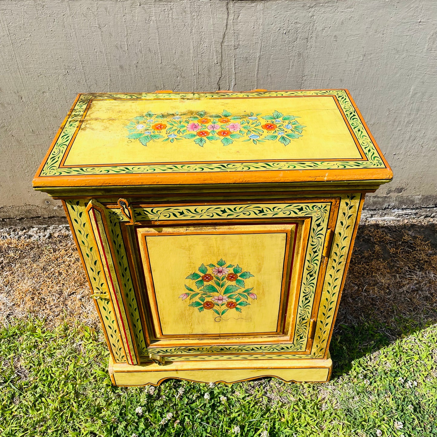 Hand Painted Yellow Indian Night Stand- Vintage