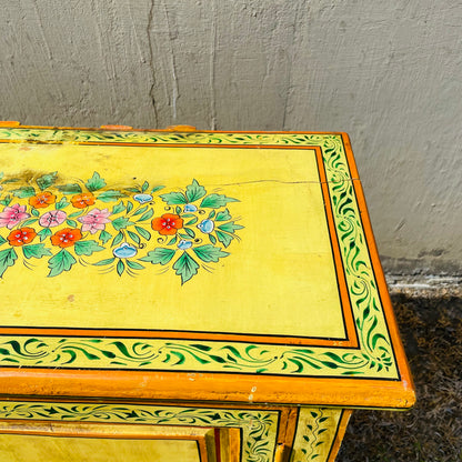 Hand Painted Yellow Indian Night Stand- Vintage