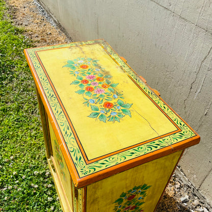Hand Painted Yellow Indian Night Stand- Vintage