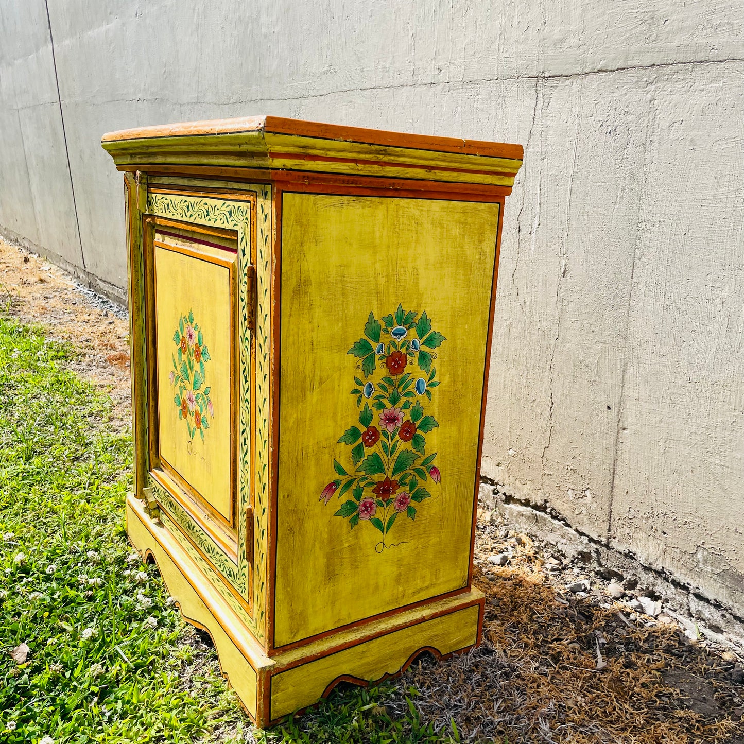 Hand Painted Yellow Indian Night Stand- Vintage