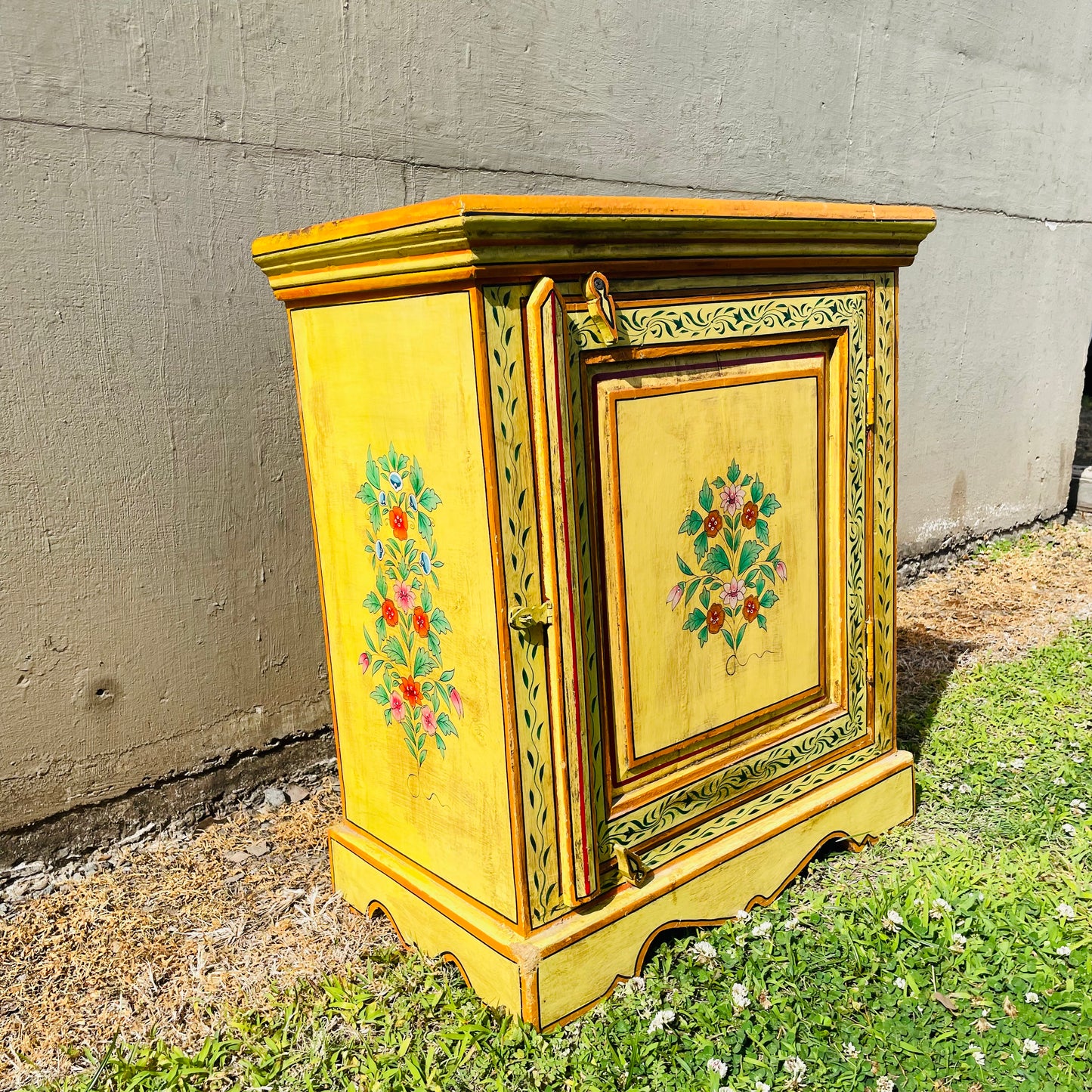 Hand Painted Yellow Indian Night Stand- Vintage