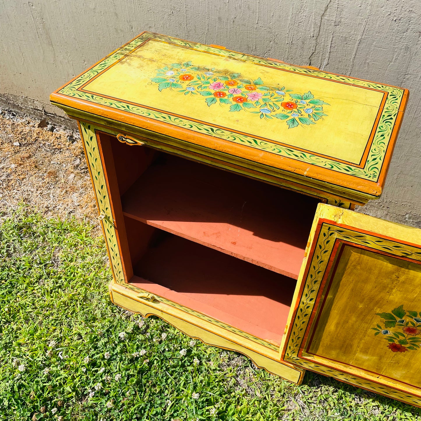 Hand Painted Yellow Indian Night Stand- Vintage