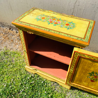 Hand Painted Yellow Indian Night Stand- Vintage