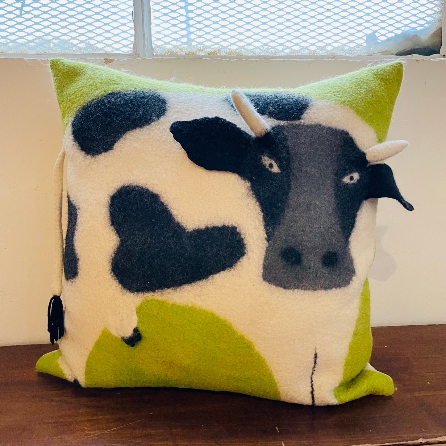 Contemporary Handmade Wool Cow Pillow- Vintage