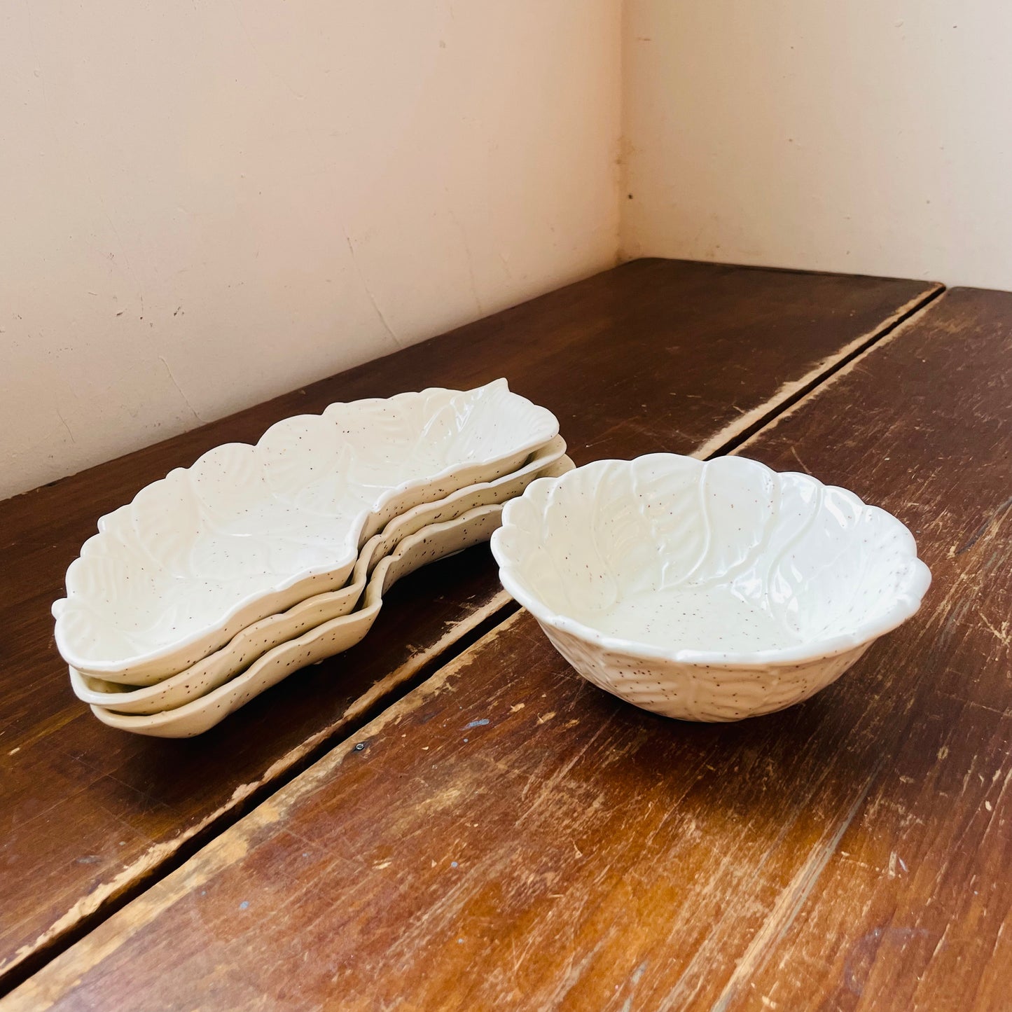 California Pottery 4 Piece White Leaf Dip & Chip Set- Vintage