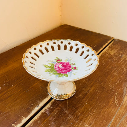 Napco Rose Ceramic Lattice Pedestal Bowl- Vintage