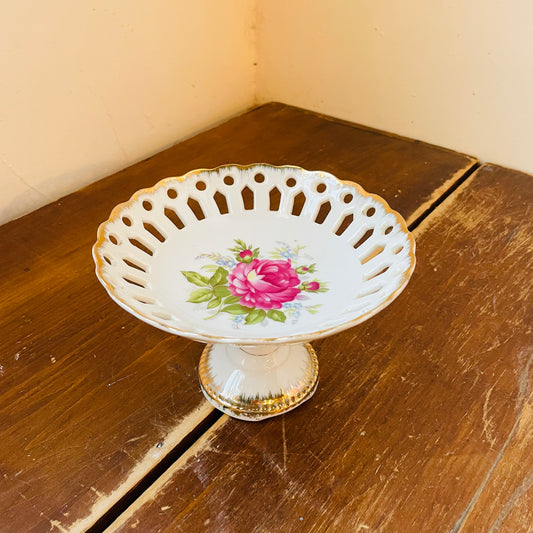 Napco Rose Ceramic Lattice Pedestal Bowl- Vintage