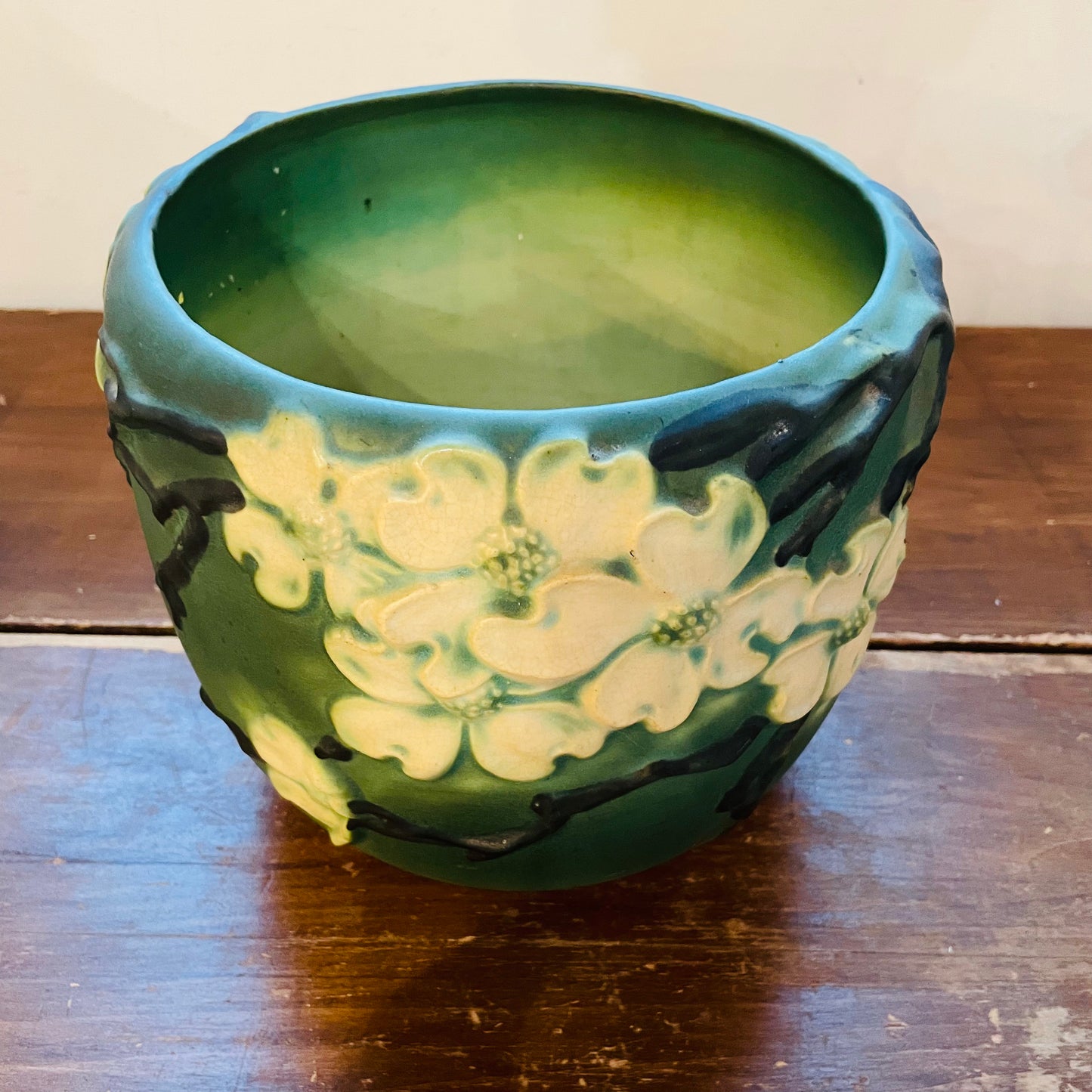 Roseville Pottery Green Dogwood Jardiniere- Antique