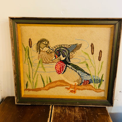 Needlepoint Wood Duck Drake & Hen Framed Artwork- Vintage