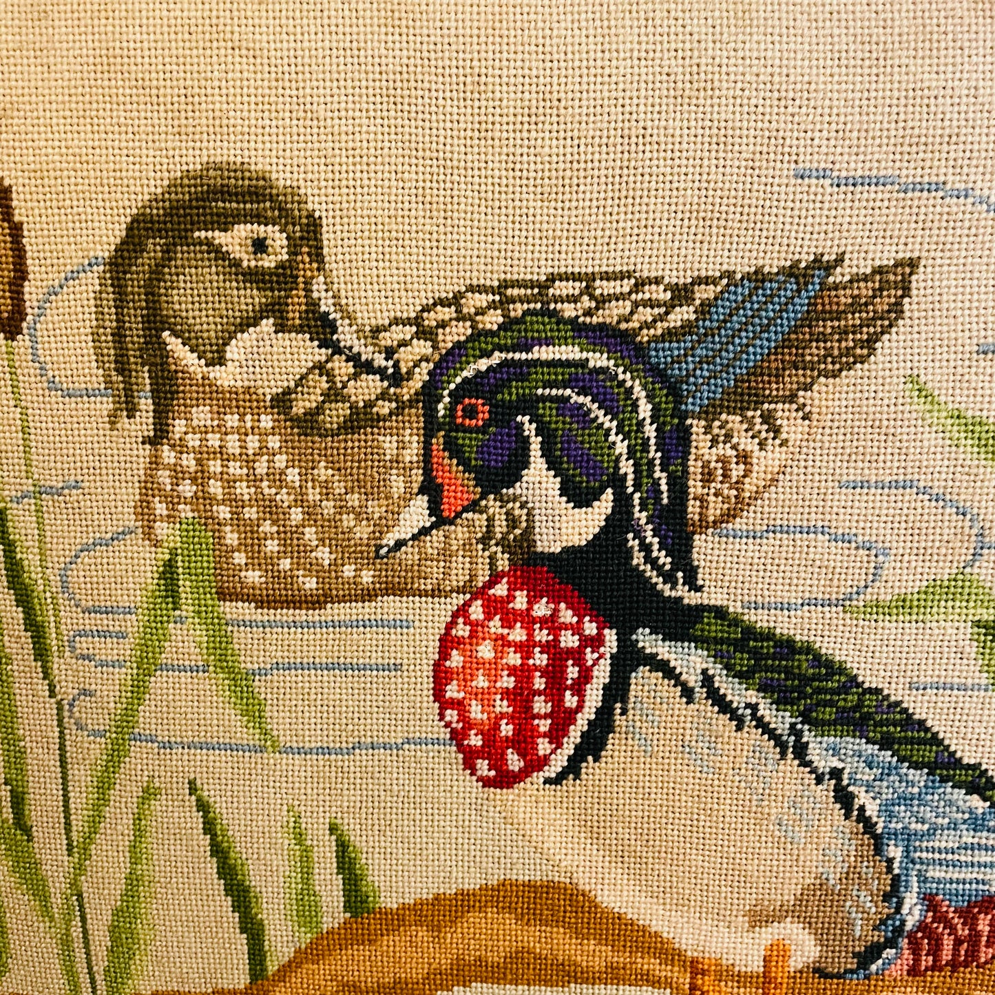 Needlepoint Wood Duck Drake & Hen Framed Artwork- Vintage