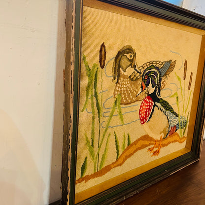 Needlepoint Wood Duck Drake & Hen Framed Artwork- Vintage