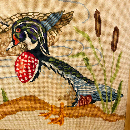 Needlepoint Wood Duck Drake & Hen Framed Artwork- Vintage
