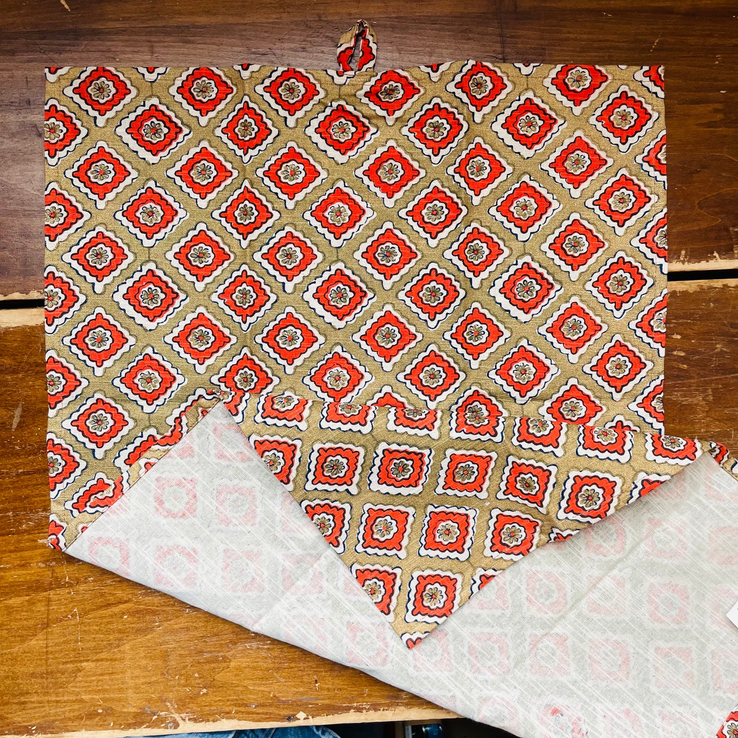 Cotton Slub Tea Towel with Block Print Pattern