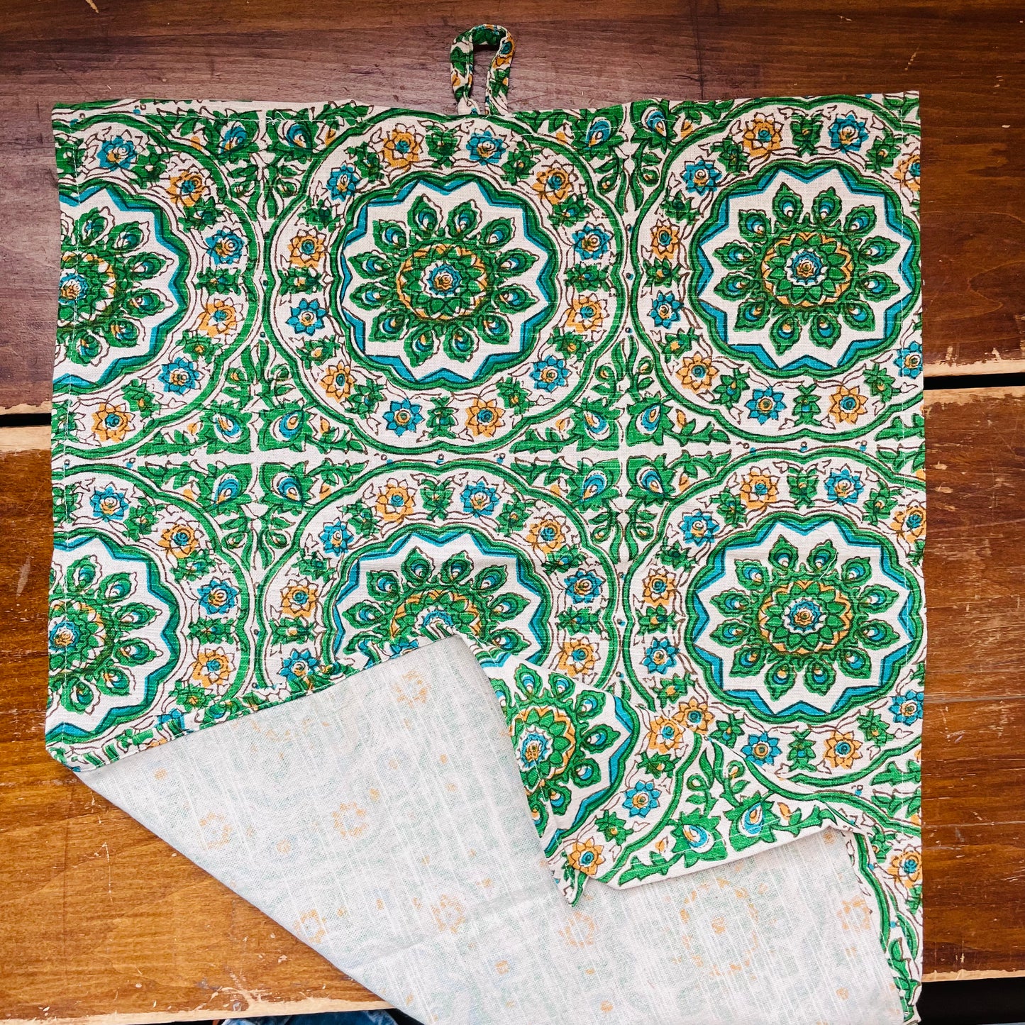 Cotton Slub Tea Towel with Block Print Pattern