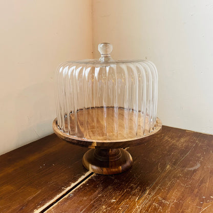 Acacia Wood Cake Stand & Fluted Glass Cloche