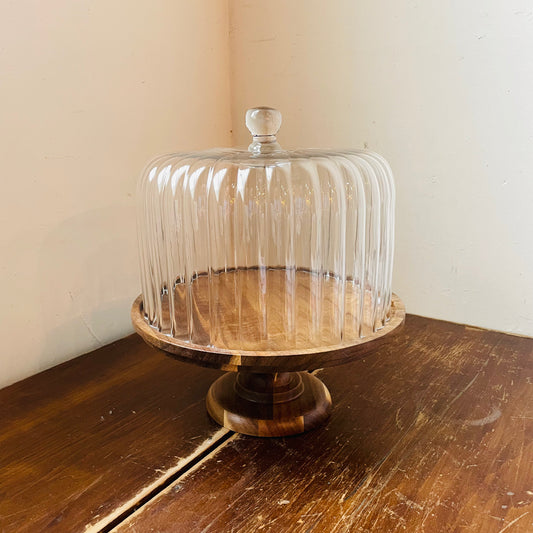 Acacia Wood Cake Stand & Fluted Glass Cloche