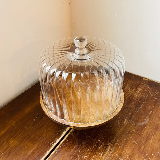 Acacia Wood Cake Stand & Fluted Glass Cloche