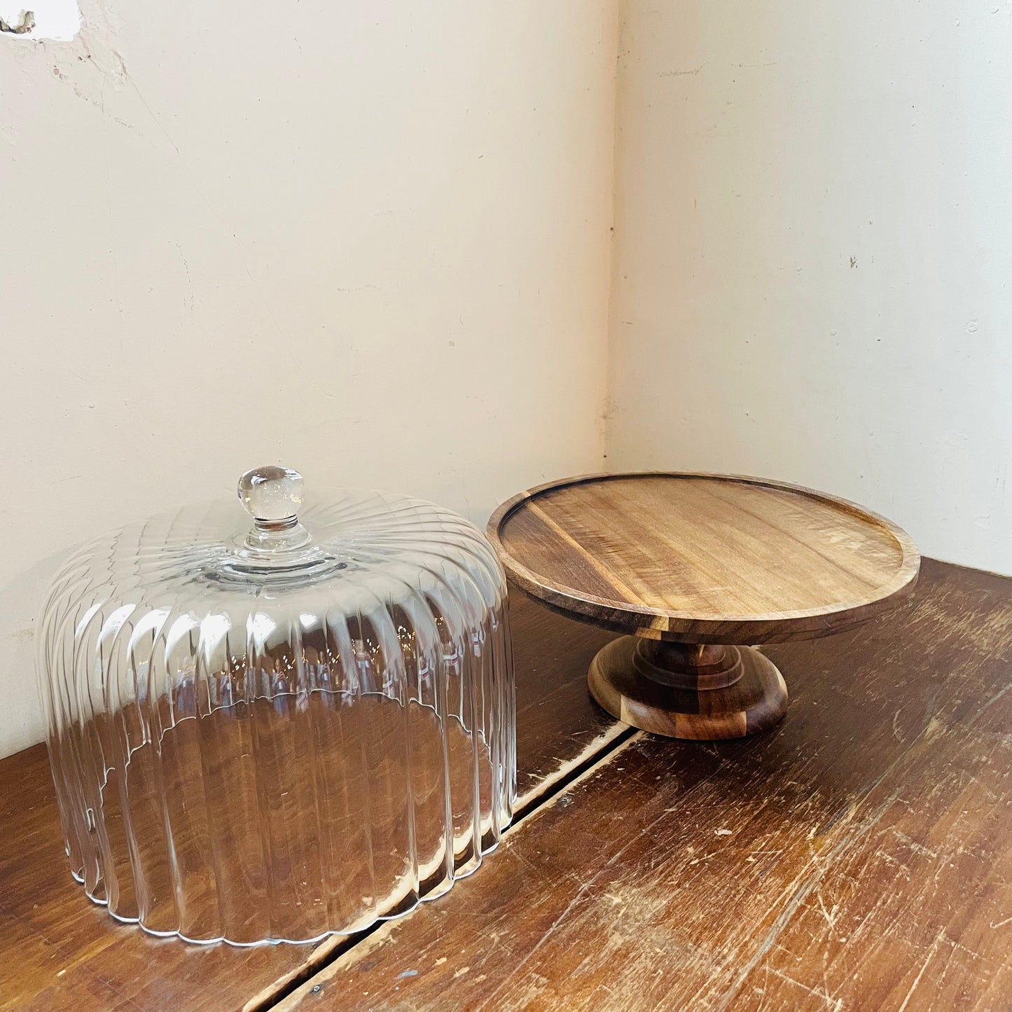 Acacia Wood Cake Stand & Fluted Glass Cloche