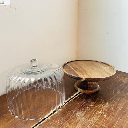 Acacia Wood Cake Stand & Fluted Glass Cloche
