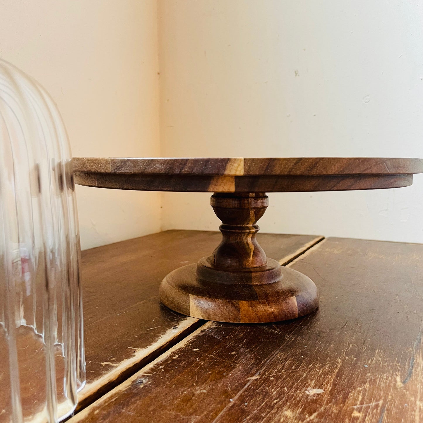 Acacia Wood Cake Stand & Fluted Glass Cloche