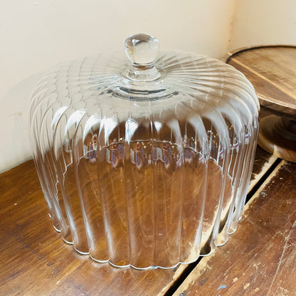 Acacia Wood Cake Stand & Fluted Glass Cloche