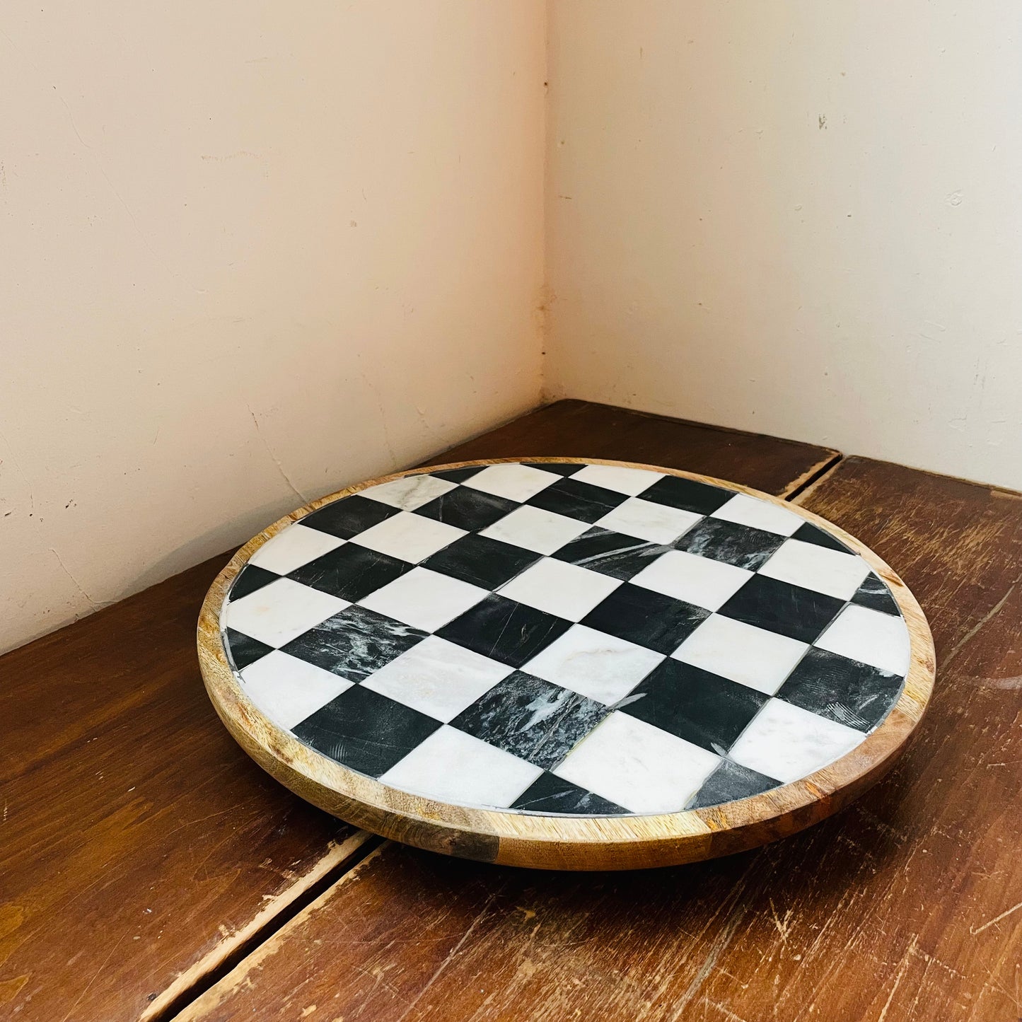 Mango Wood & Marble Check Lazy Susan
