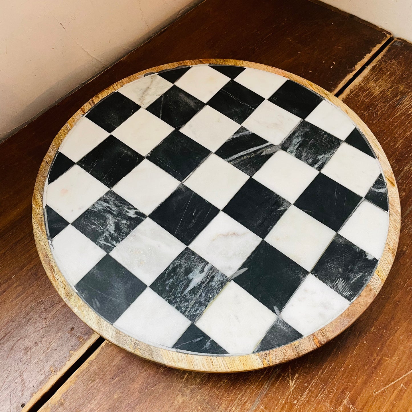 Mango Wood & Marble Check Lazy Susan