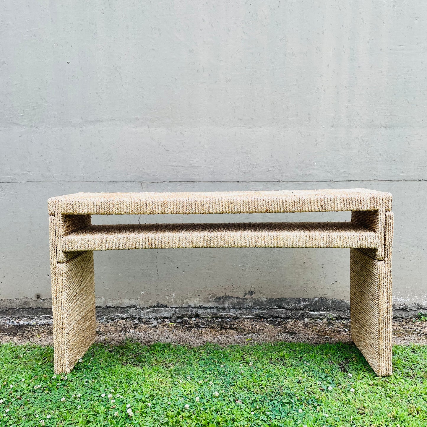 Hand-Woven Water Hyacinth & Acacia Wood Console Table
