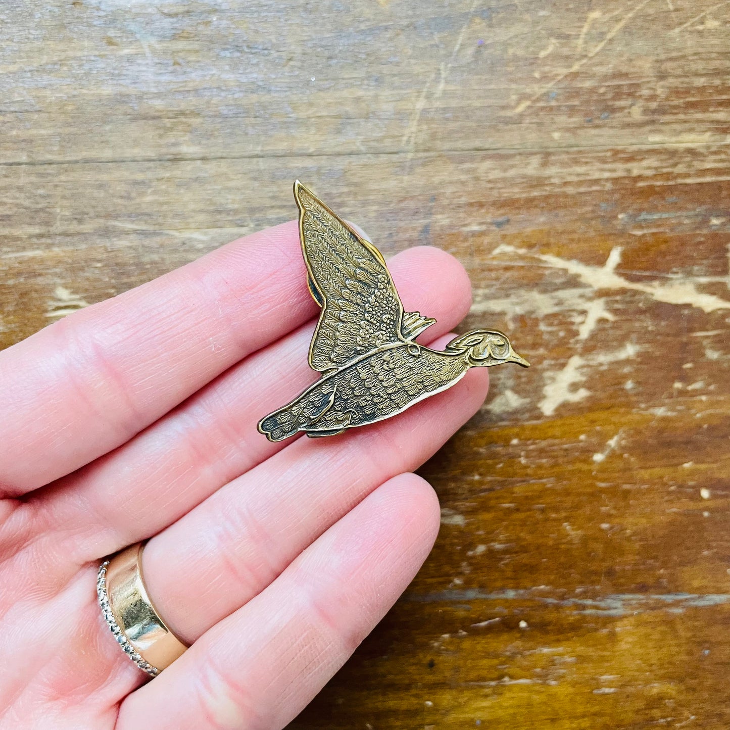Brass Flying Wood Duck Pin- Vintage
