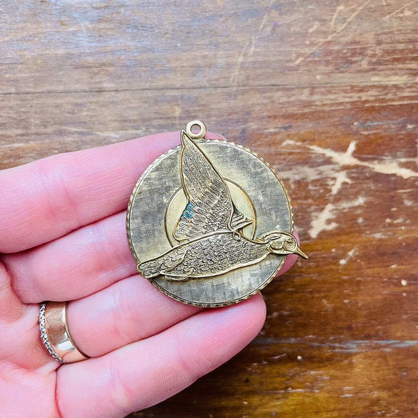 Brass Flying Wood Duck on Circle Pendant- Vintage