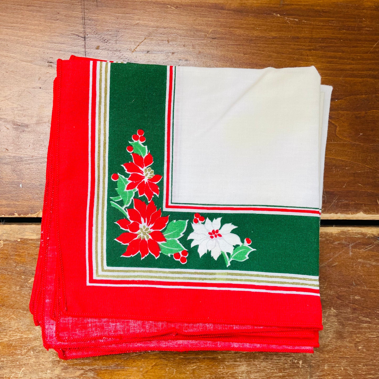 Red & Green Block Print Poinsettia Napkins- Set of 6- Vintage