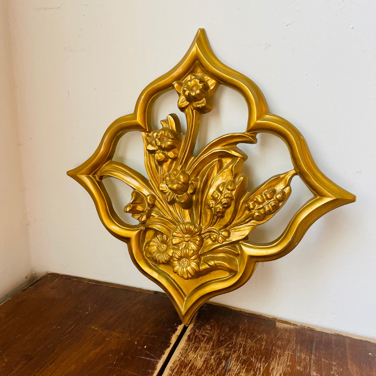 Golden Ceramic Floral Wall Hanging- Vintage