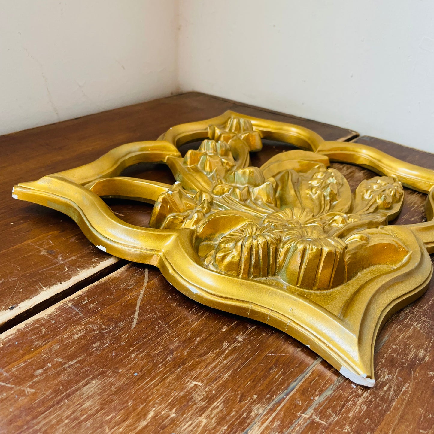 Golden Ceramic Floral Wall Hanging- Vintage