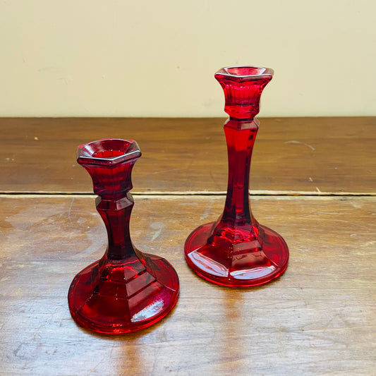Red Glass Taper Candle- Vintage