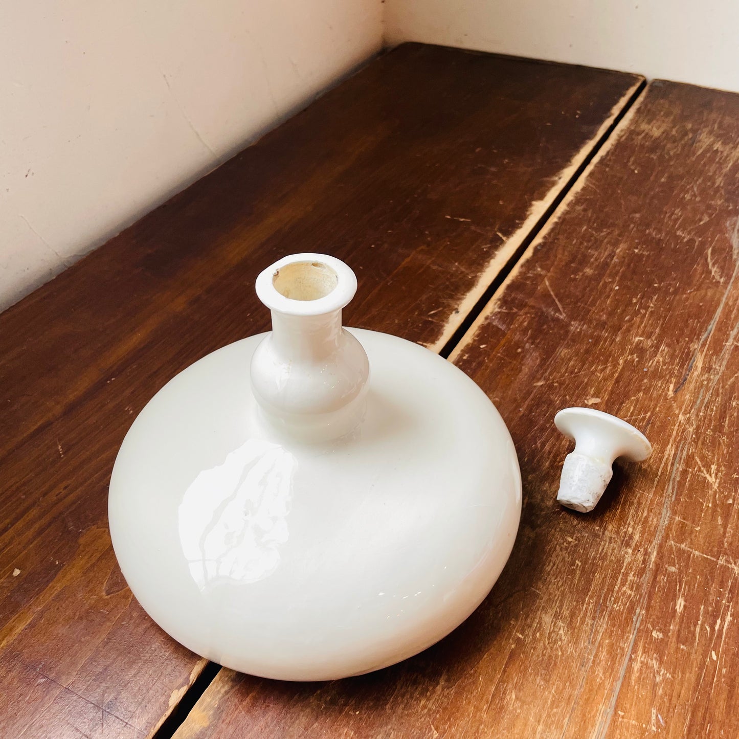 Squatty White Ceramic Decanter- Vintage