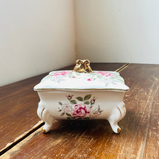 Moss Rose Footed Trinket Box- Vintage