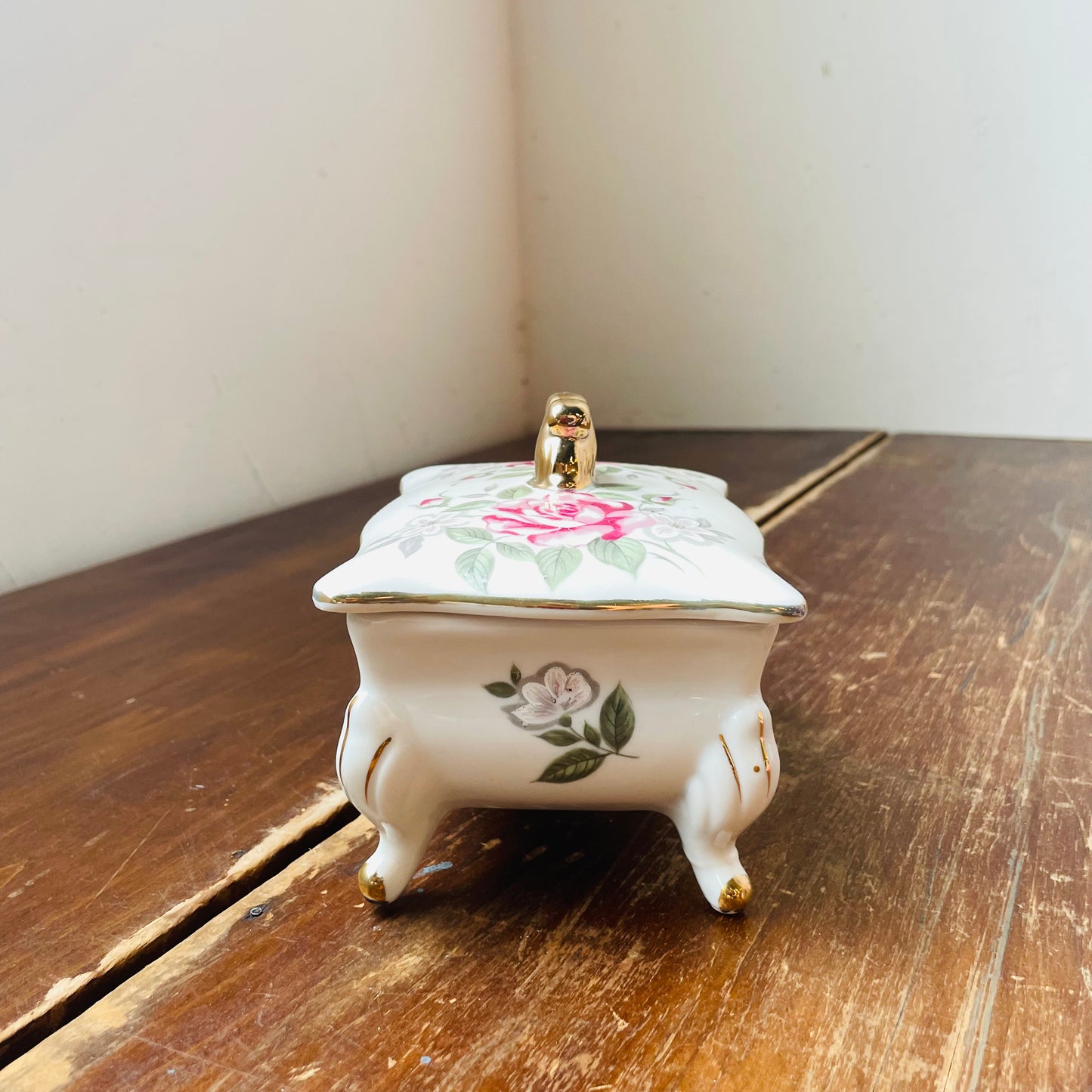 Moss Rose Footed Trinket Box- Vintage