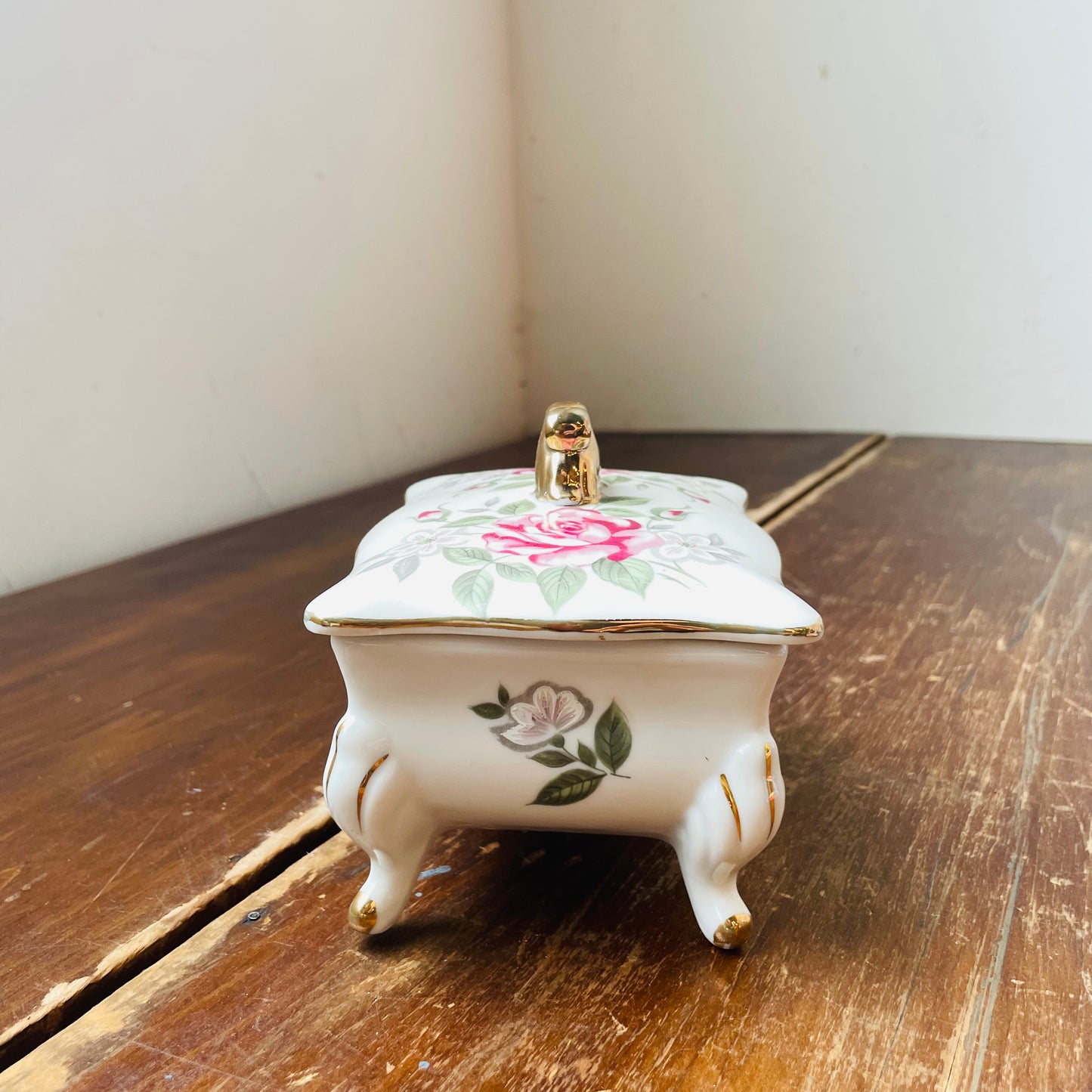 Moss Rose Footed Trinket Box- Vintage