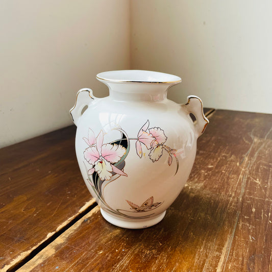 Fine China of Japan Vase with Pink Irises & Butterfly- Vintage