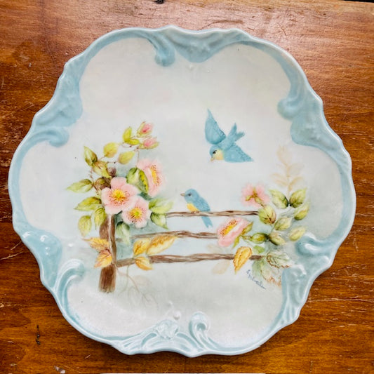 Blue Bird Fence Hand-painted Plate- Vintage
