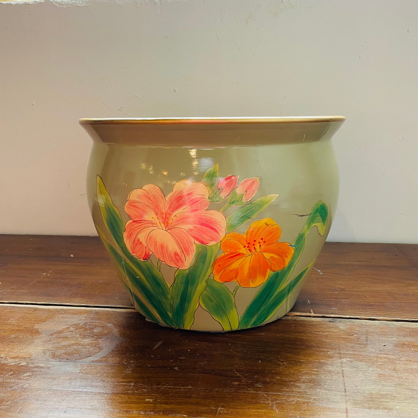 Peach Amaryllis on Green Planter- Vintage