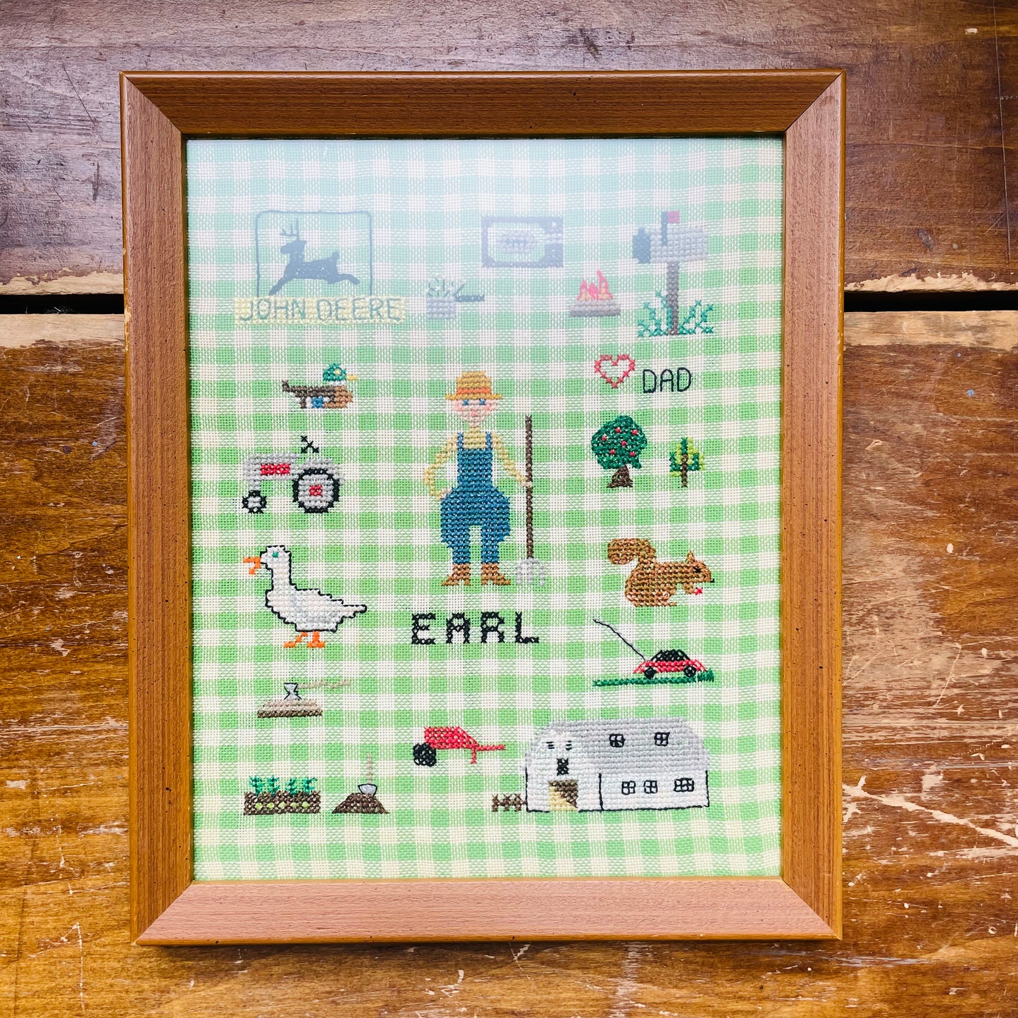 Farmer Earl's Favorite Things Framed Cross-Stitch- Vintage