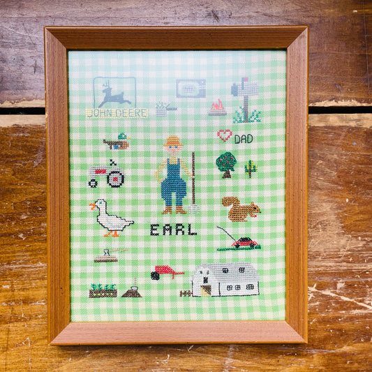 Farmer Earl's Favorite Things Framed Cross-Stitch- Vintage