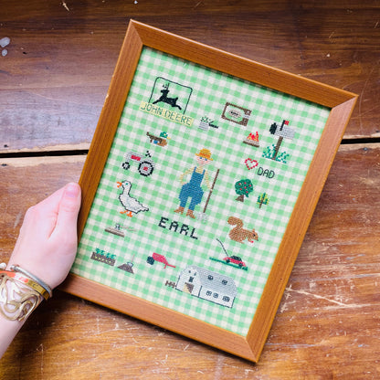 Farmer Earl's Favorite Things Framed Cross-Stitch- Vintage