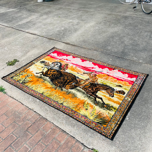 Chenille Bison Hunters Wall Tapestry- Vintage